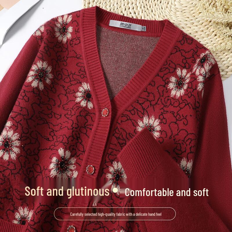 SNOWFLYING Women s Colorblock Jacquard Rhinestone V-Neck Knit Cardigan M