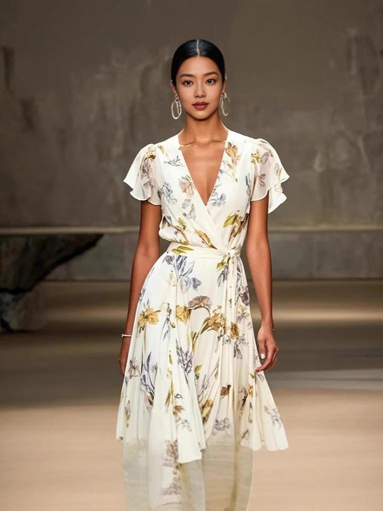 Women's V-Neck Short Sleeve Dress Summer New Style Floral Print Dress