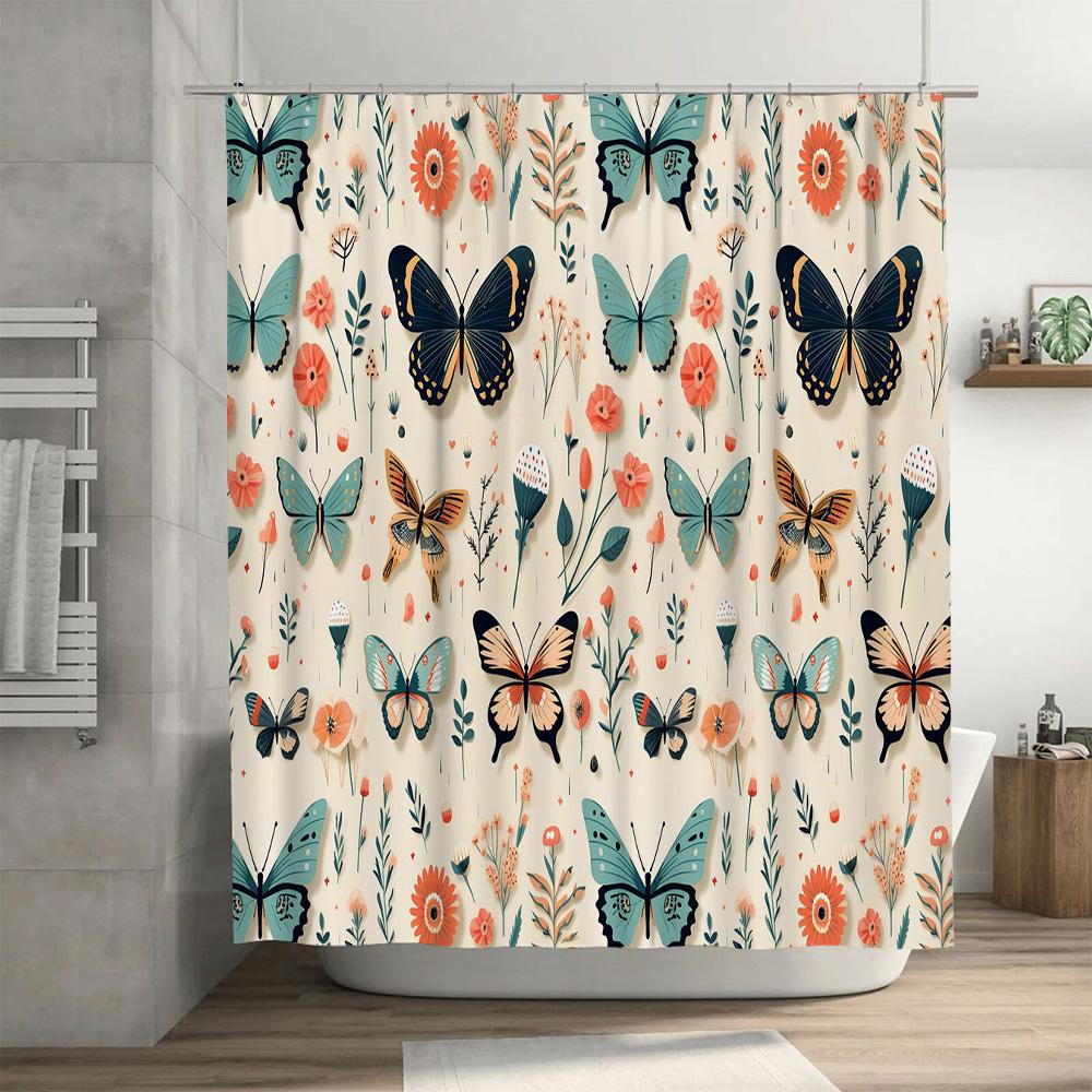 Butterfly Bliss: Vibrant Floral and Butterfly Shower Curtain for a Charming and Nature-Inspired Bathroom Décor