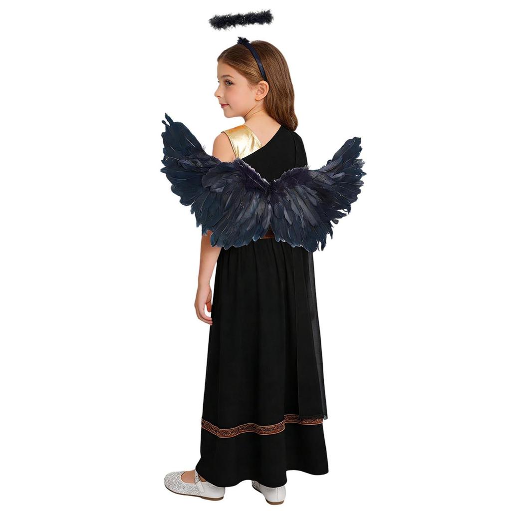 Girls 3 Pieces Greek God Roman Costume Outfit Metallic Gloss Patchwork Sleeveless Dress with Feather Angel Wings and Hair Hoop Cosplay Stage
