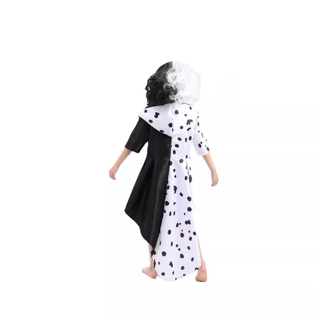101 Dalmatians Cruella De Vil Black & White Spotted Dress Costume for Stage Performance
