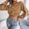 Women's Long-Sleeved Knitted Sweater with Knot Detail and Cropped Hem