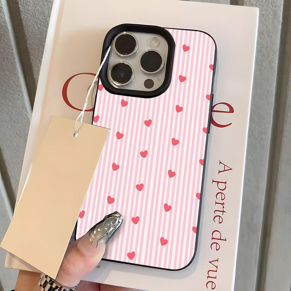 Pink Love Heart Stripe Pattern Phone Case For IPhone 17 16 15 14 13 12 11 Pro Max 15 Plus 17Air 16E Lychee Silicone Soft Cover
