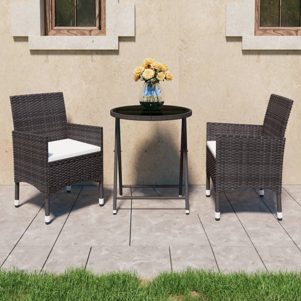 3 Piece Bistro Set Brown Poly Rattan and Tempered Glass