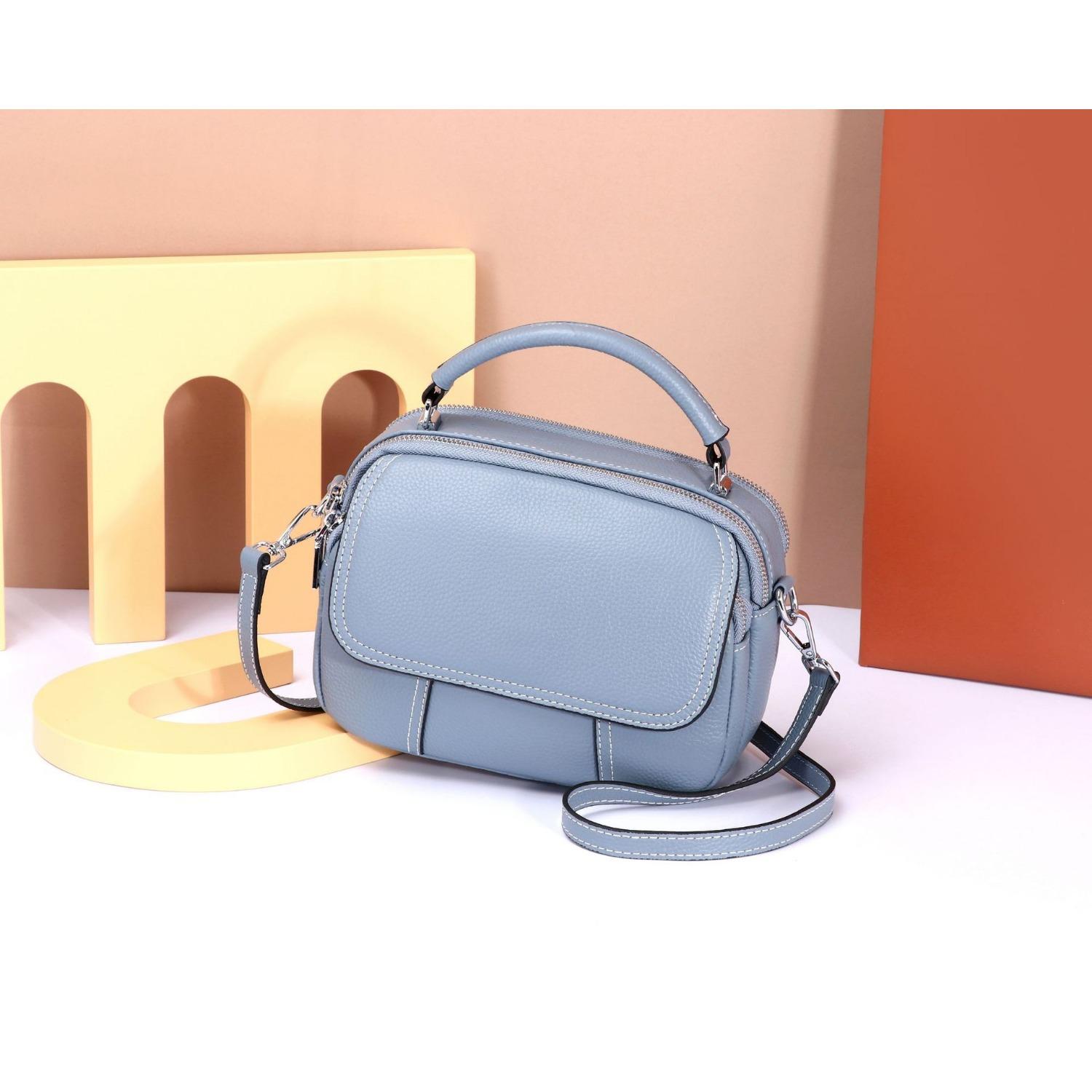 

Женская сумка из коровьей кожи, портативная женская сумка-мессенджер, повседневная сумка с несколькими отделениями, большая вместимость, мягкая кожа светло-синий