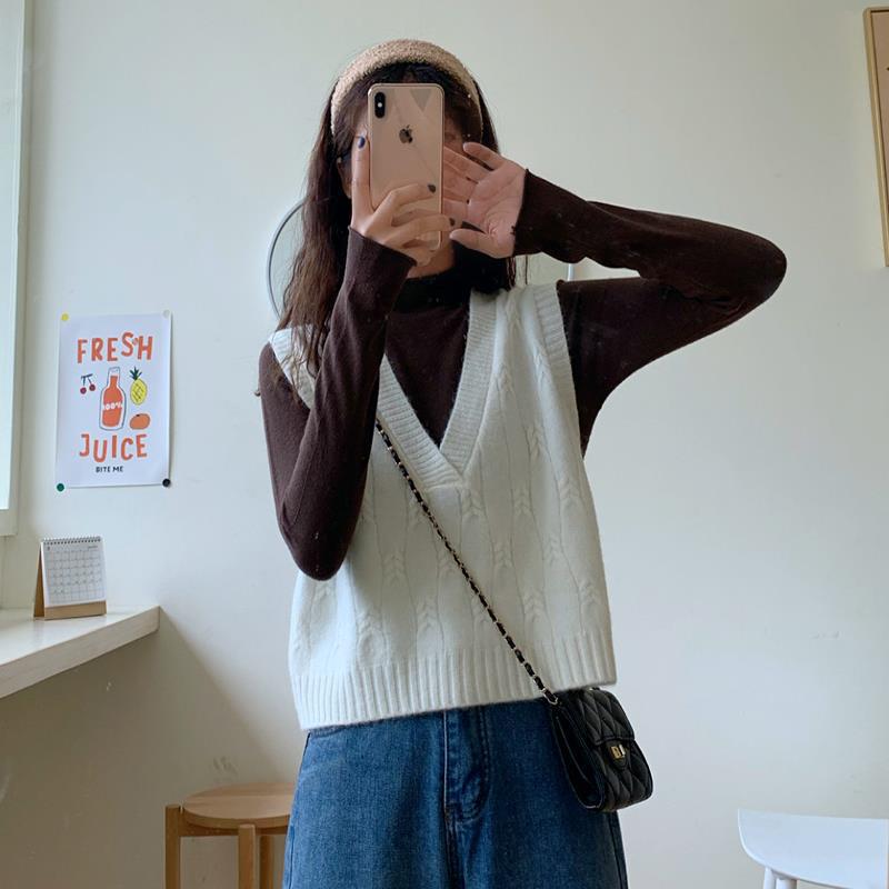 Chaleco de Punto Sin Mangas con Cuello en V Estilo Coreano 2023 para Mujer - Moda Petite Otoño/Invierno