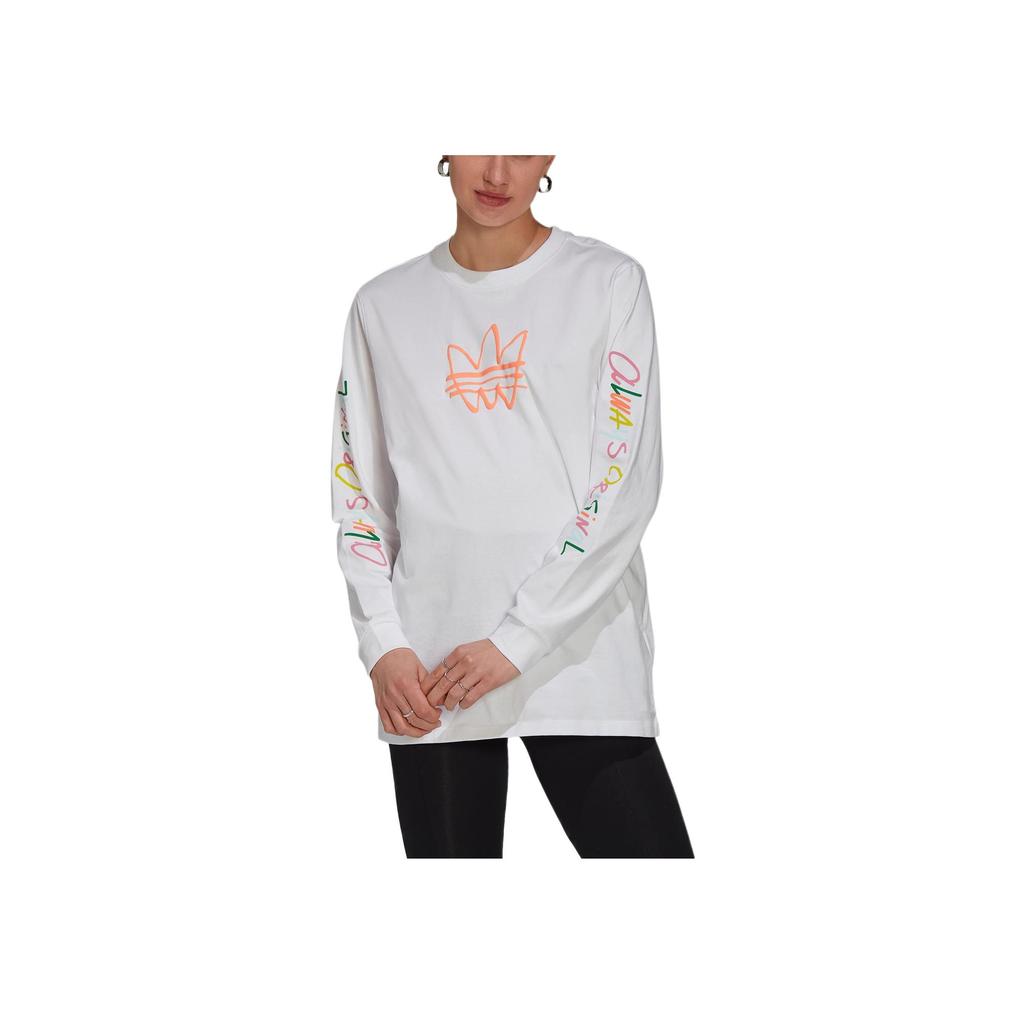 Adidas Originals Always Original Graphic Sleeve Logo Print Round Neck Pullover Sports Loose Long Sleeve T-Shirt Women Tops White HN6339
