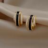 Gold Plated Black Enamel & CZ Huggie Hoop Earrings, Three-Band Crystal Hoop Earrings for Women