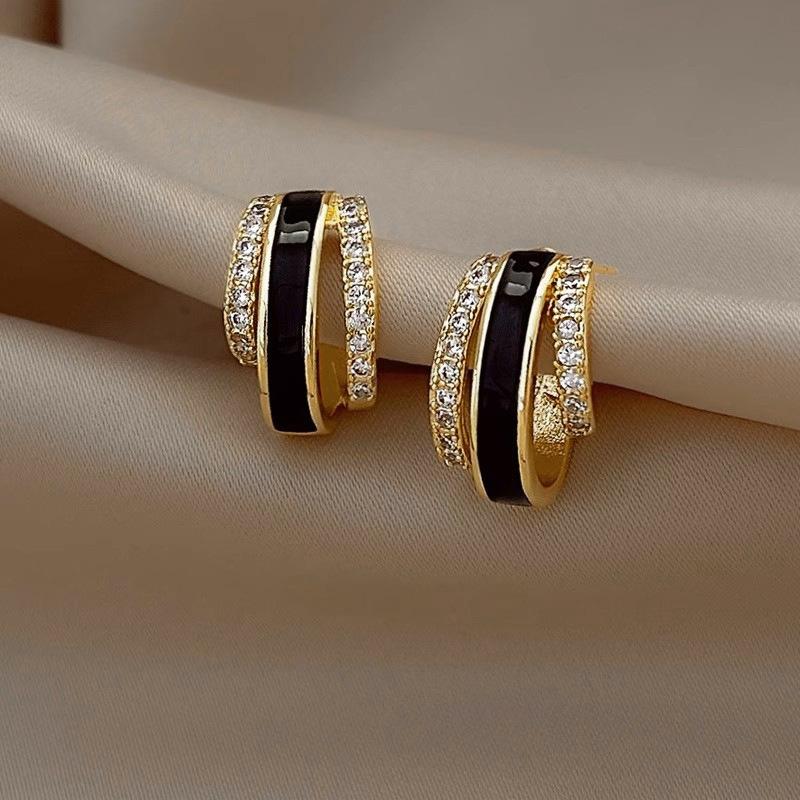 Gold Plated Black Enamel & CZ Huggie Hoop Earrings, Three-Band Crystal Hoop Earrings for Women