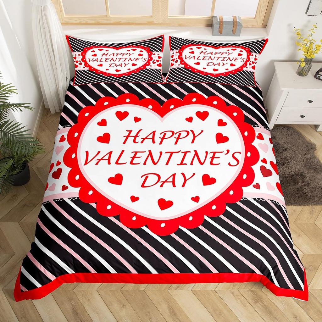Happy Valentine'S Day Duvet Cover Pink Red Heart Mystery Starry Sky Bedding Set Romantic Love Pattern Black Galaxy Quilt Cover