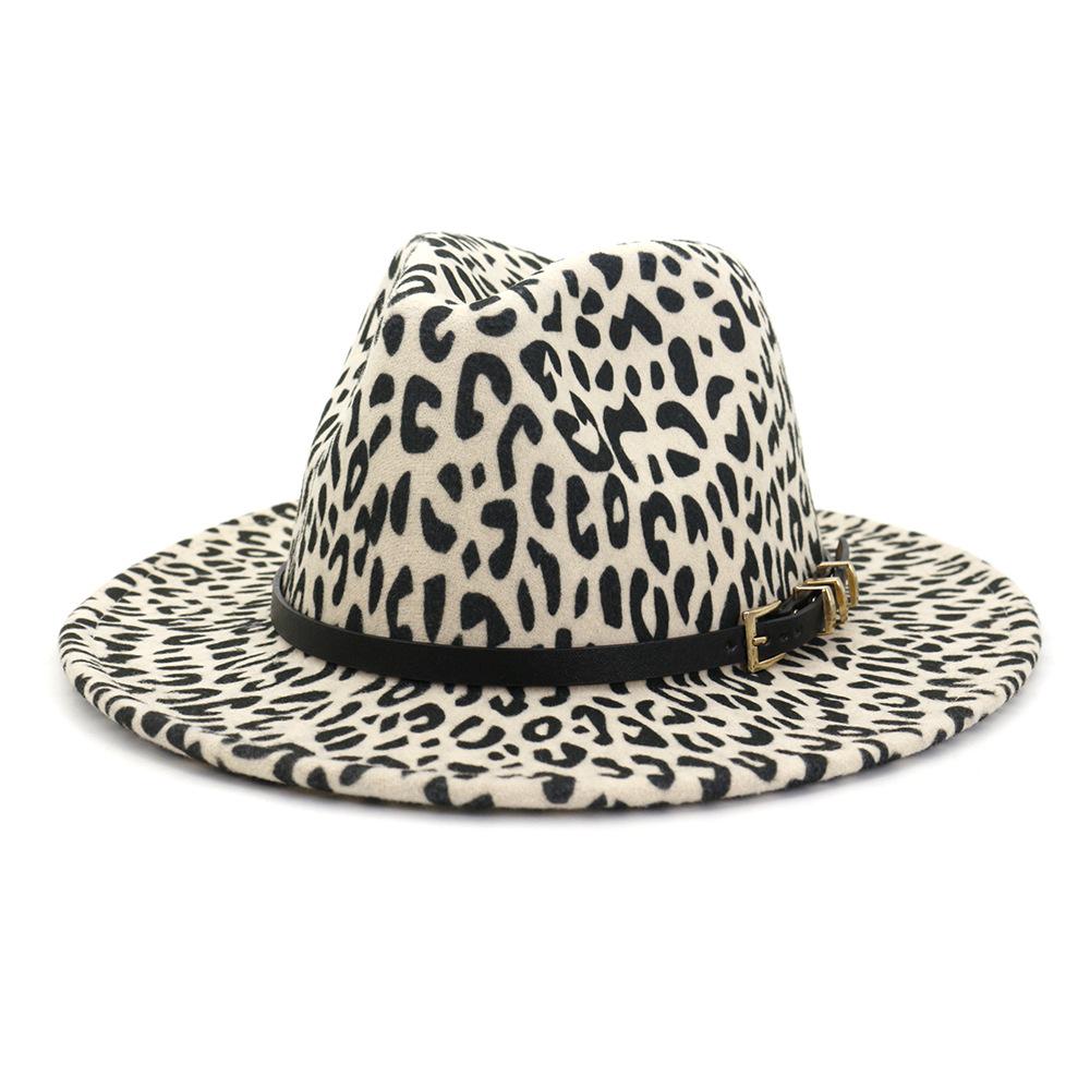 Wzcx Fashion Belt Flat Top Women Leopard Felt Hat Autumn Winter Casual Tide Personality Girls Jazz Hat Adult Cap