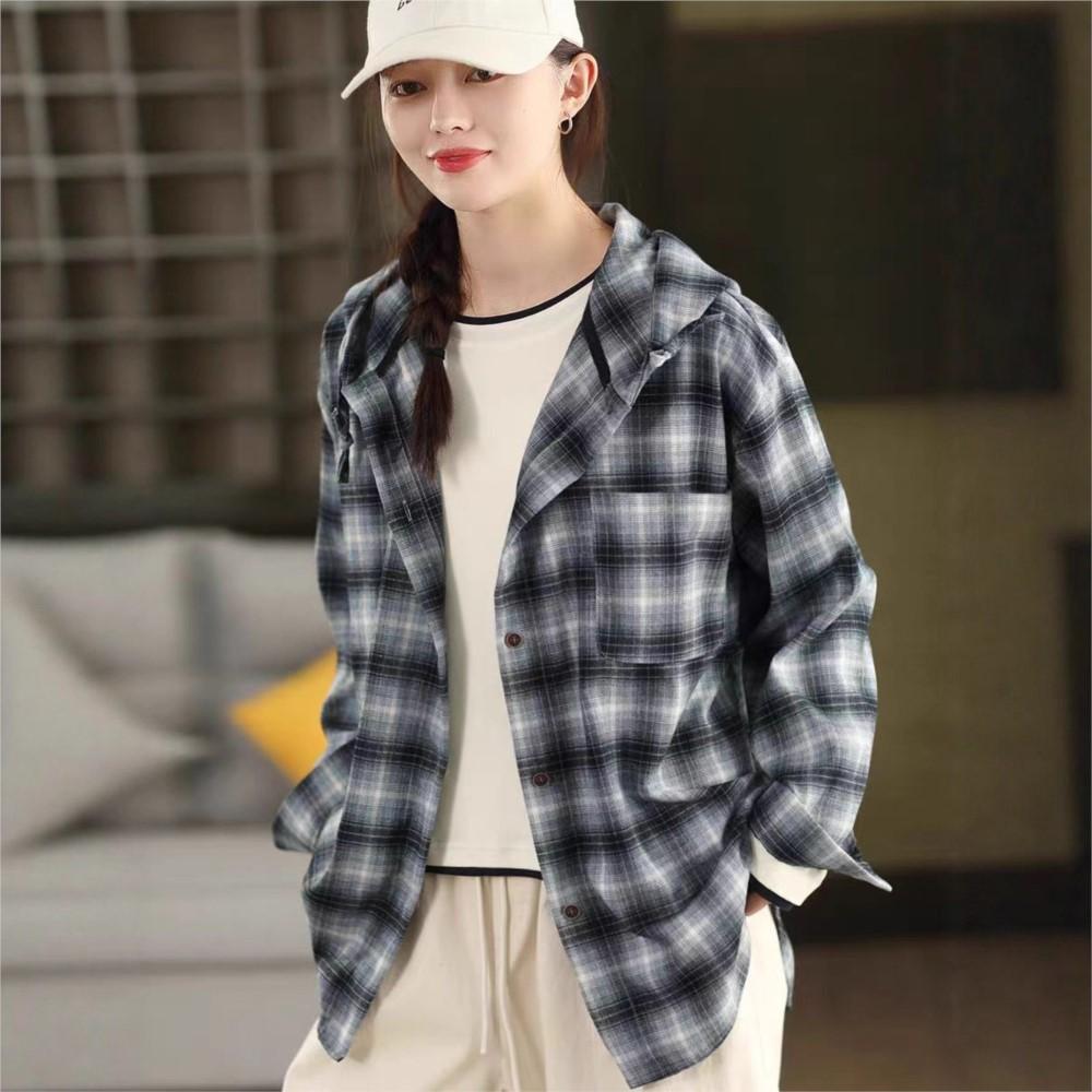 Johnature Women Vintage Plaid Shirts Hooded Autumn Blouses Button Long Sleeve Loose Cotton Soft Female Casual Shirts