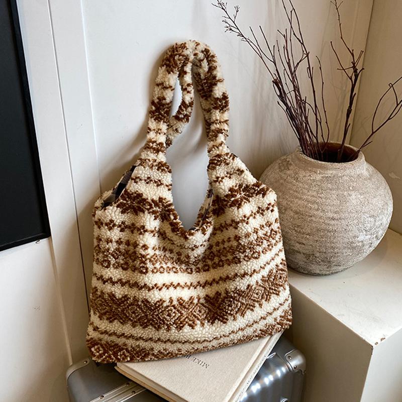 Women's Striped Plush Shopper Tote Bag Lightweight Large Capacity Ethnic Style Shoulder Bag Fluffy Casual Winter Underarm Bags