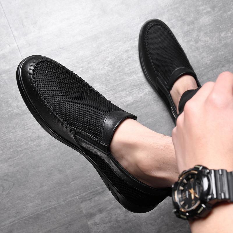 Summer New Breathable and Versatile Black Trend Leather Sports Soft-soled Shoes Mesh Men's Leather Shoes Casual Running Shoes