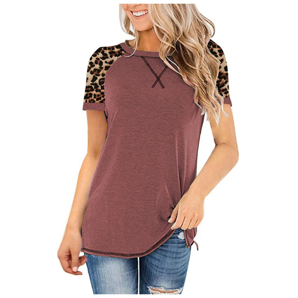 Fashion Womens Leopard Splicing Round Neck Casual Long Sleeve Tops