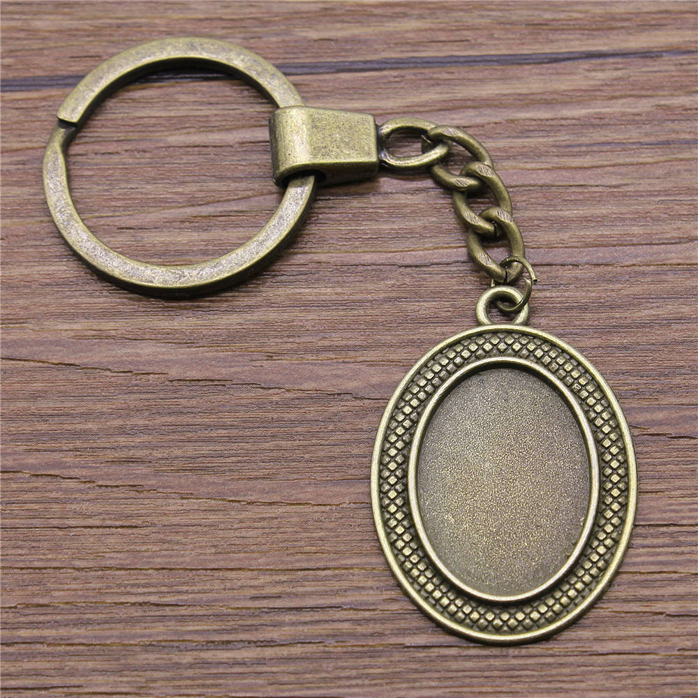 Heart Elliptical Glass Cabochon Base Setting Tray Blank Antique Bronze Metal Keychain for Family Gift