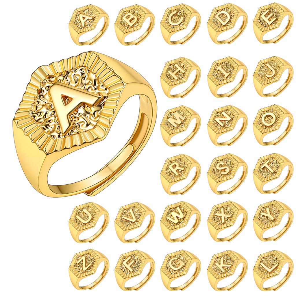 Hexagon Surface 3D Embossed A-Z Initial Letter Rings for Man Woman Adjustable Size A-Z 14k Gold Color Family Signet Jewelry