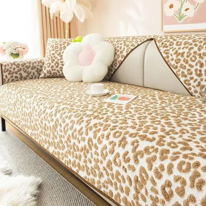 Plush Leopard Print Sofa Cushion Winter Thick Anti Slip Sofa Towel Pillowcase High End L-shaped Sofa Full Coverage Dust Covers