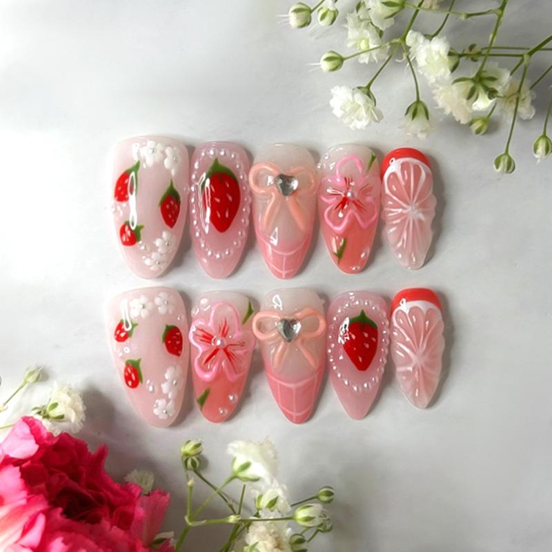 24PCS 3D Heart French False Nails Sweet Pink Cherry Lips Letters Designs Press On Nail Full Cover Wearable Almond Fake Nail Tips