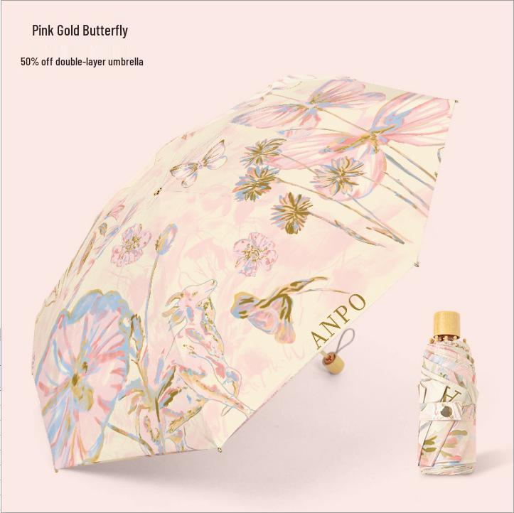 Gold Curved Hook Sunshade Sun & Rain Anti-UV Folding Umbrella for Women