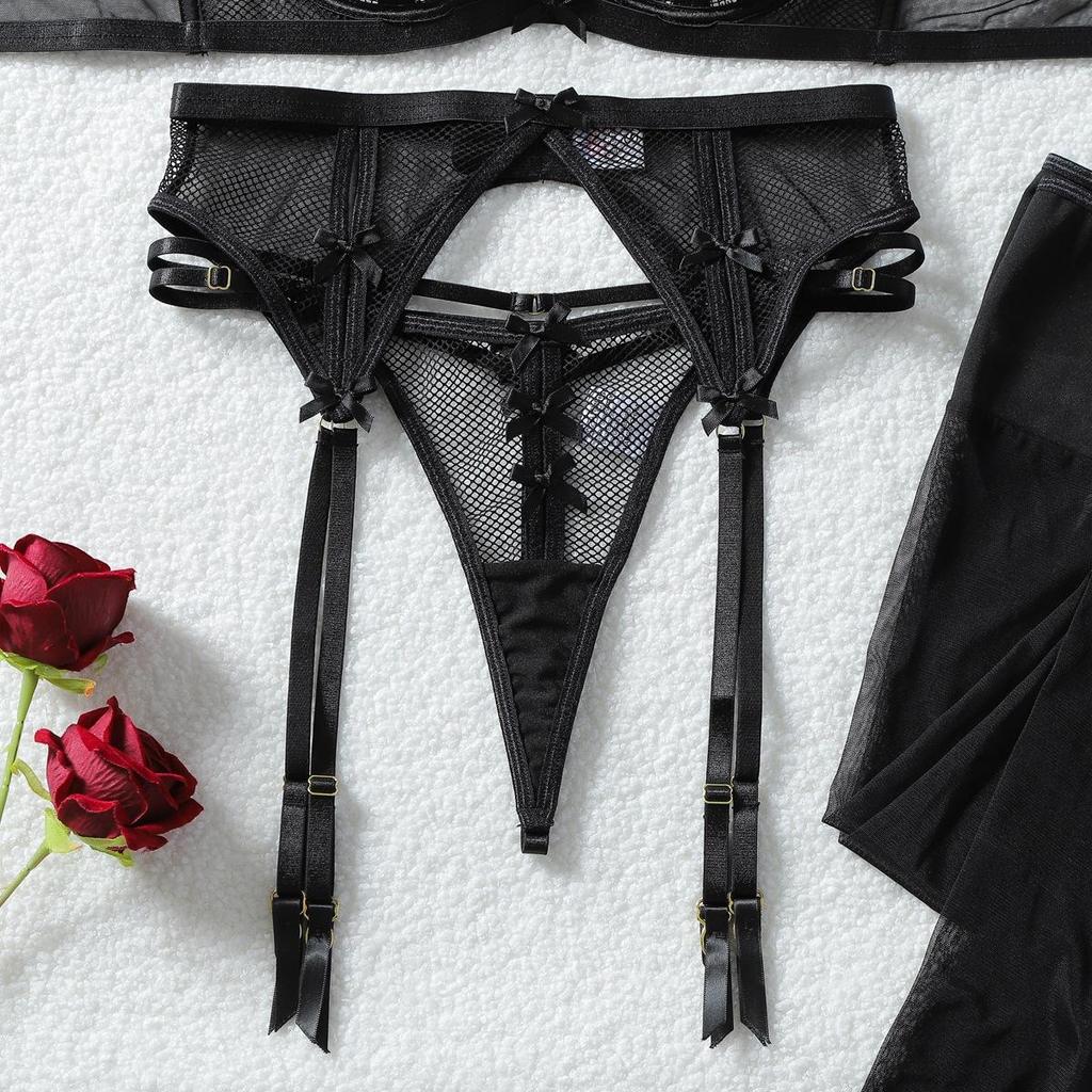 Women's Sexy Fashion Fishnet Lingerie Set Bow Decor Hollow Sheer Lingerie Outfit With Stockings