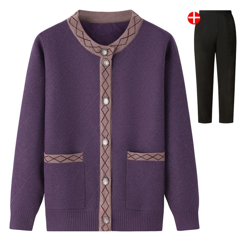 Women's Fleece-Lined Knitted Cardigan for Autumn/Winter - Ideal for Middle-Aged and Elderly.