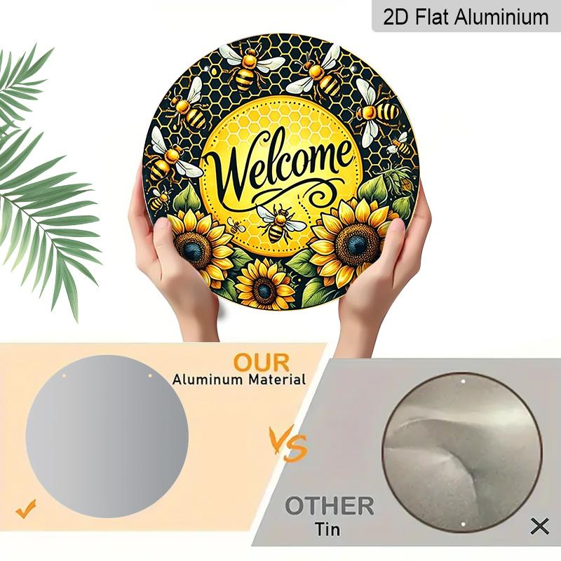 2D Flat, 1pc Vintage Honeycomb Bee & Sunflower Welcome Sign - Rustic Metal Wall Art with Golden/Yellow Honeybee Design, Welcome Lettering - Durable