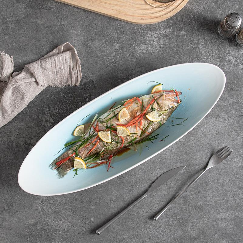 Restaurant, Hotel, Steamed Fish Dish, Front Brocade, Oval Strip Plate, Creative Ceramic Home Dish Plate, Pasta Salad Plate