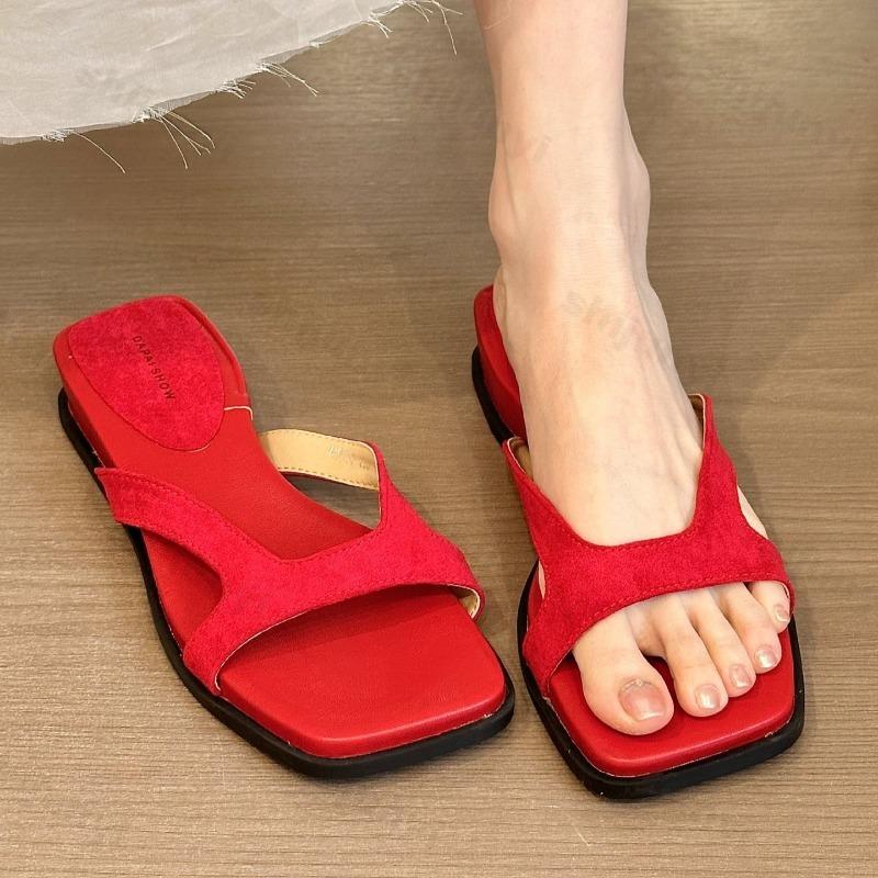 Fashion Elegant Square Head Open Toes Casual Dragging for Women 2025 Summer New Fashion Comfortable Flat Slippers Outdoor Beach Sandals