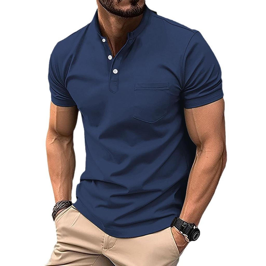 Fashion New Cross-border Men's Casual POLO Shirt Pockets V-neck Buttons Business Solid Colour Versatile T-shirt Tops