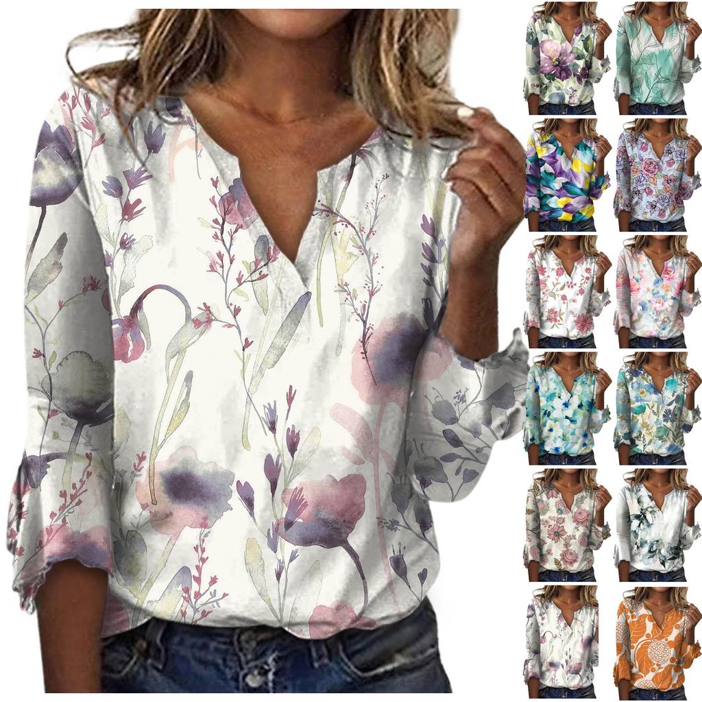 Women's Loose Casual Three-quarter Sleeves V-neck Lace Floral Print T-shirt Top