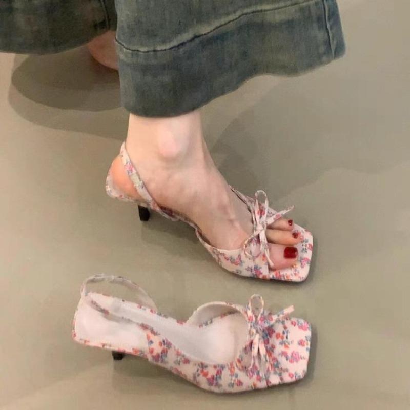Fashion Stiletto Sandals Square Toe Open Toe Bow Slip-on Anti-Slip Wear-Resistant High Heels