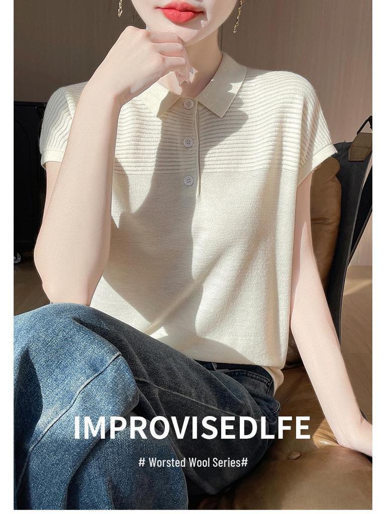 Women's Polo Collar Wool Knit Short Sleeve Casual T-Shirt for Spring/Summer