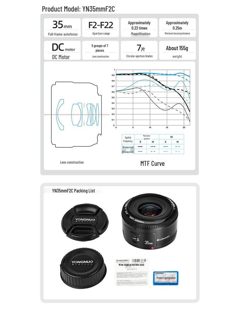 Yongnuo 35mm F2 Wide-Angle Prime Lens for Canon EF & Nikon F Full-Frame DSLR with Autofocus