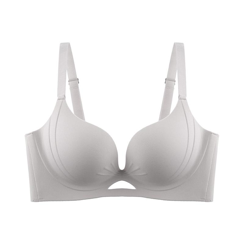 

Cream Seamless Bra Deep V Neckline Push Up Underbust Cutout Design Everyday Comfort Lingerie S сірий