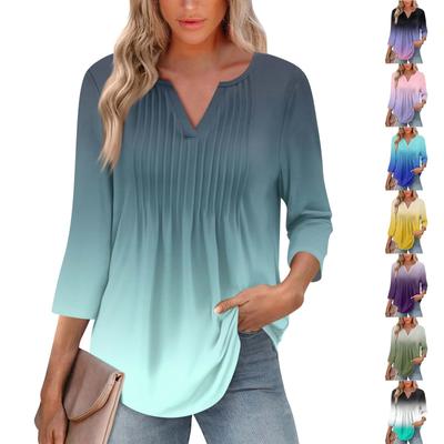 Women's Fashionable Casual Pleated V Neck Color Seven Quarter Sleeve T-shirt Top