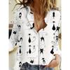 Casual Kitten Pattern Daily Commute Lapel Button-down Shirt