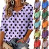 Women's Round Neck Three-Quarter Sleeve Blouse with Star Print and Ruffle Hem Tie
