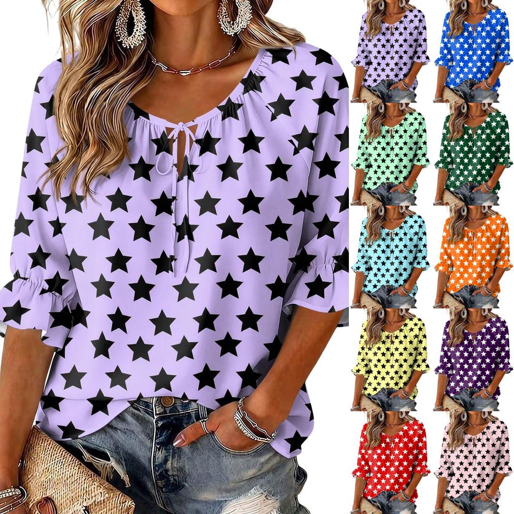 Women's Round Neck Three-Quarter Sleeve Blouse with Star Print and Ruffle Hem Tie