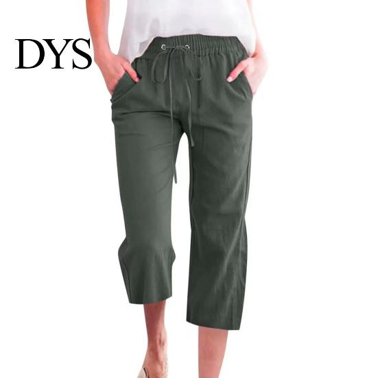 Comfortable Trousers Women Cropped Pants Solid Color Loose Fit Mid-calf Spring Summer Autumn with Elastic Waistband Casual Commuting Style