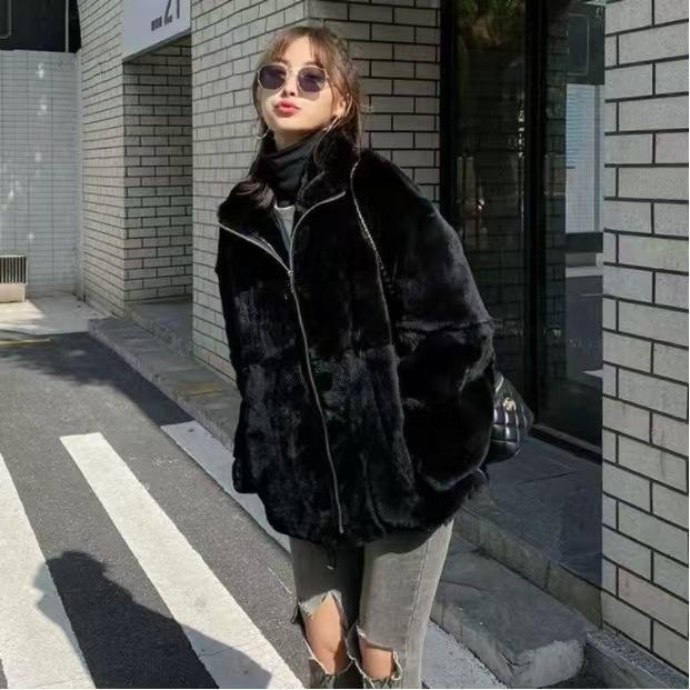 Winter new imitation fur stand-up collar jacket fluffy sweater casual loose thickened women's plush