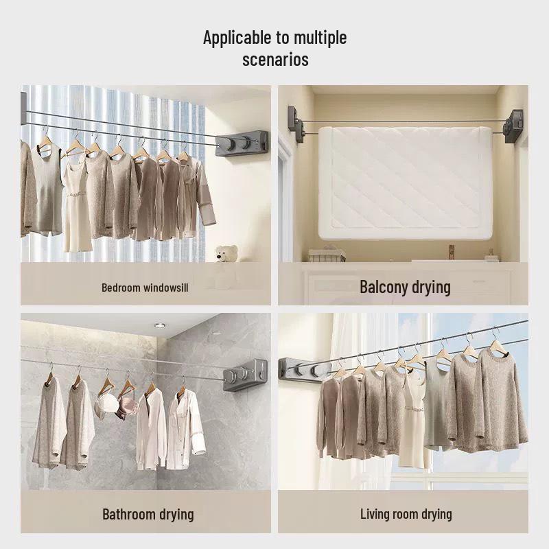 Einziehbare Wäscheleine für den Innenbereich - Stanzfreier Wäscheständer aus Stahldraht für Balkon & Badezimmer