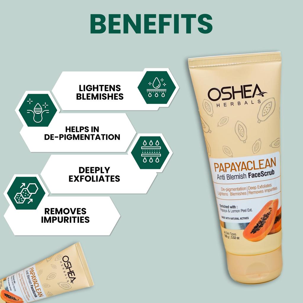 Oshea Herbals Papayaclean Anti Blemish Face Scrub for All Skin Types | Removes D Pigmentations, Impurities & Exfoliates | Enriched with Papaya &