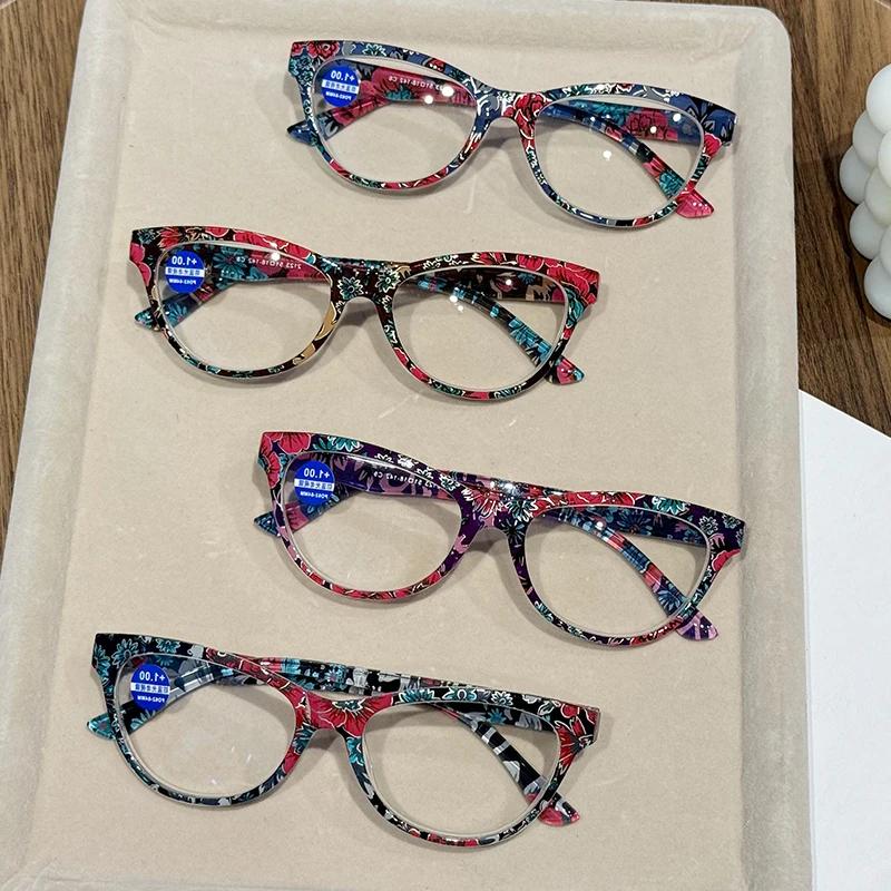 New Fashion Flower Pattern Frame Reading Glasses Neutral New Cat-eye High-definition Blue Light Blocking Presbyopia Glasses +4.0