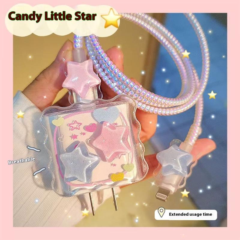 Kawaii Cute 3D Star Love Heart Wave Border Y2K Usb Protector Cover For Iphone 18/20W Data Line Head Cord Fast Charging Case