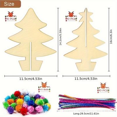70pcs, Wooden Drawing Board Handmade Christmas Crafts Set DIY Three-dimensional Christmas Tree Painted Wood Chips Set