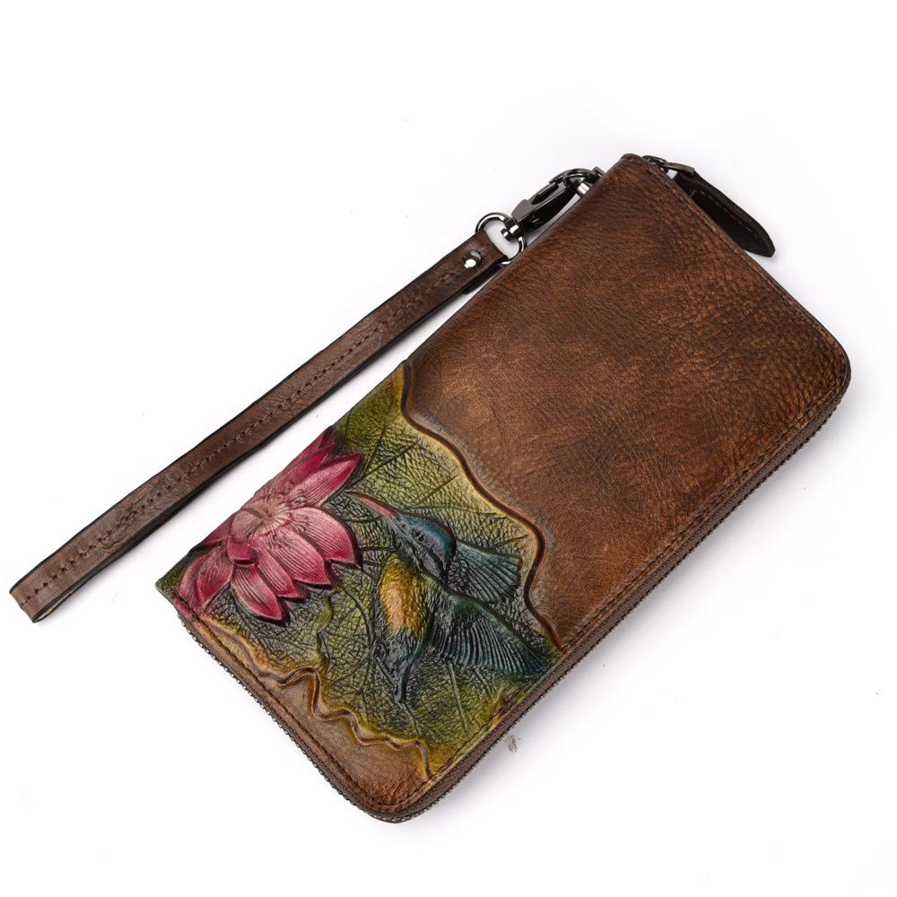 

Johnature ручной работы в стиле ретро из коровьей кожи, женский ручной кошелек для отдыха, женский клатч, кошельки с цветочным тиснением, кошелек для телефона кофейный