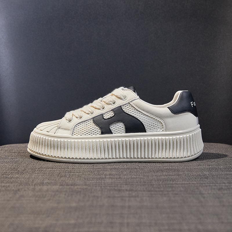 Platform White Shoes Women's New Shell Head Mesh Breathable Biscuit Shoes Versatile Sports Style Casual Board Shoes Flat Shoes
