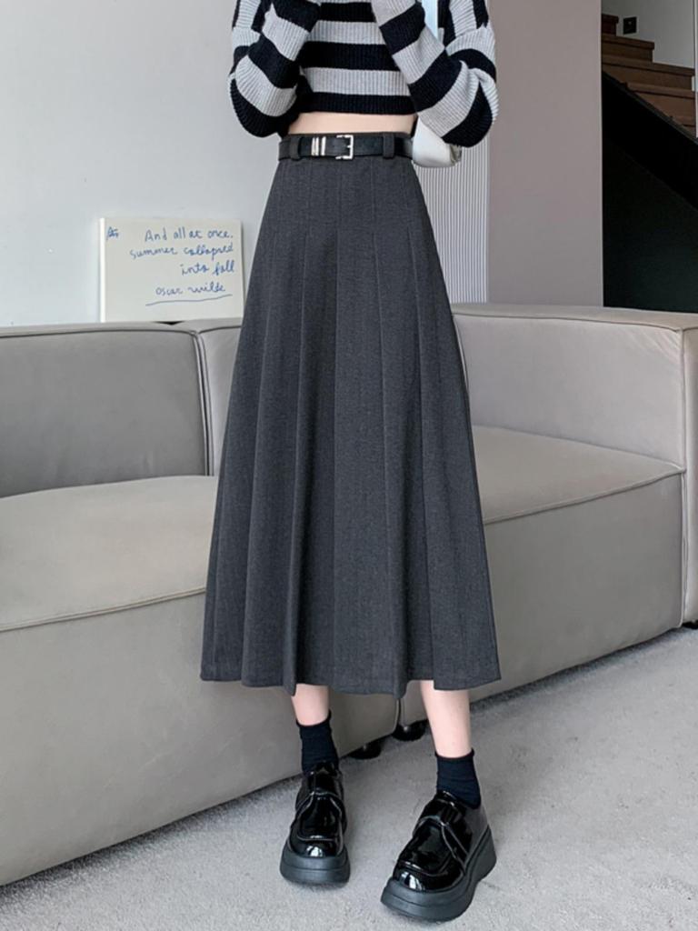 High-Waisted A-Line Pleated Midi Skirt - Elegant, Slimming Autumn Style for Women