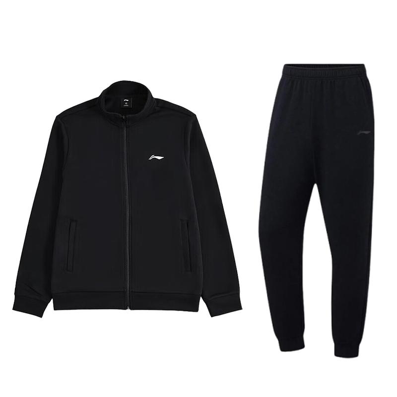 Li-Ning Solid Color Stand Collar Zipper Hoodie Elastic Waist Straight Leg Breathable Long Pants Casual Sports Suit Men suit Black AWDTD93-549